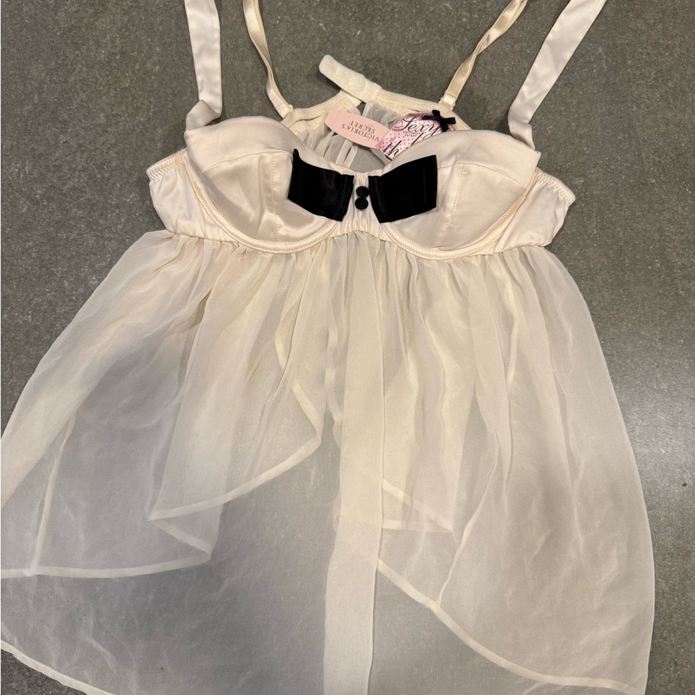 VICTORIA'S SECRET Nightie SEXY LITTLE THINGS WOMEN'S 34B Bow Tie Cream Babydoll